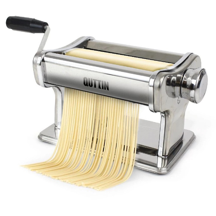 Masina manuala de facut paste fainoase cu manivela Quttin, pentru intinderea si taierea pastelor (include un taietor lat/tagliatelle) 18x15x13, otel inoxidabil