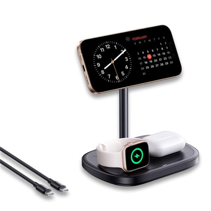 Baseus EnerFill FS41 Suport de încărcare wireless 3-în-1, 22,5W, negru + cablu USB Type-C, 1m