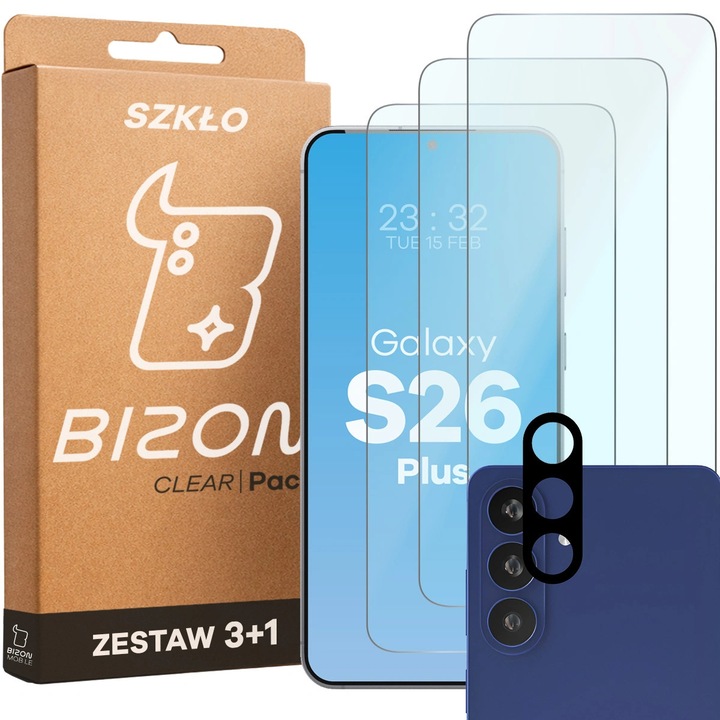 Комплект 3 Стъклен протектор + стъкло за обектив, Bizon Glass Clear Pack За Samsung Galaxy S26 Plus