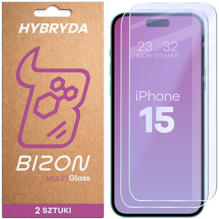 Комплект 2 Стъклен протектор, Bizon Glass Mule Duo За iPhone 15