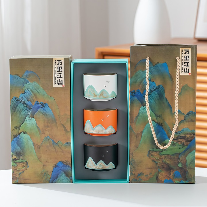 Set de cani de ceai japonez, Wacorresi, Set cani ceramice stil japonez, cutie cadou cu design, Ceramica, 3piese, rezistente la temperaturi inalte, 80ml, Multicol