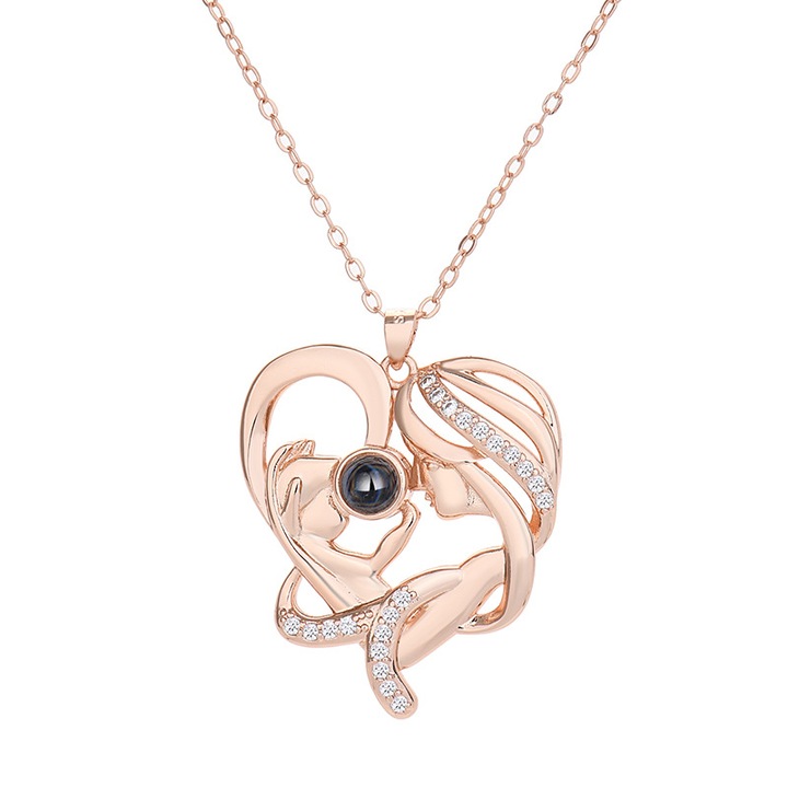 Colier inima mama-copil, proiectand "Te iubesc" in 100 de limbi, auriu roz