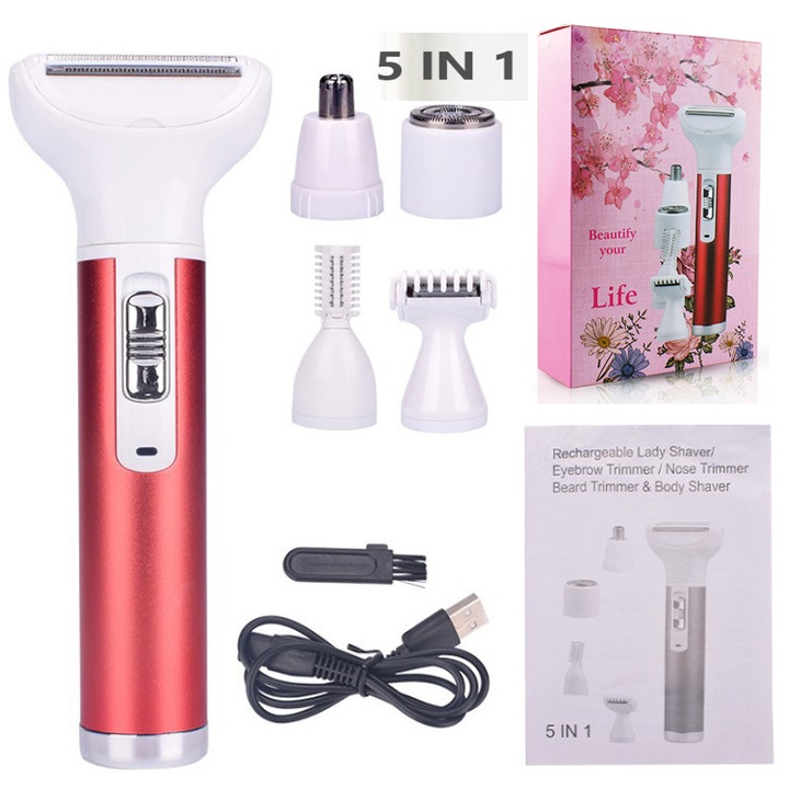 Epilator 5-in-1, trimmer pentru par intim, rosu