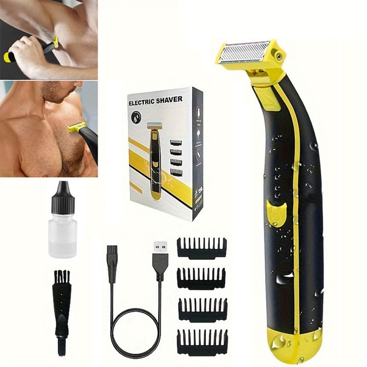 Aparat de ras electric, umed si uscat, lavabil, reincarcabil USB, galben si negru