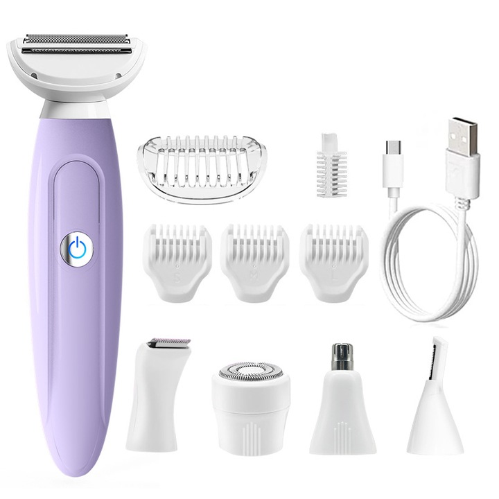 Set aparat de tuns 5 in 1 pentru femei, violet, complet lavabil, include trimmer pentru nas, trimmer pentru sprancene, aparat de ras, epilator