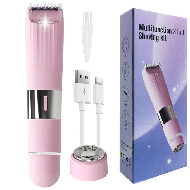 Epilator 2-in-1, dispozitiv de indepartare a parului, reincarcabil USB, capete duale, waterproof, roz