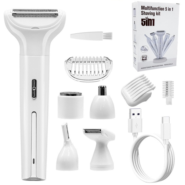 Epilator 5-in-1, alb, pentru femei, trimmer pentru par intim