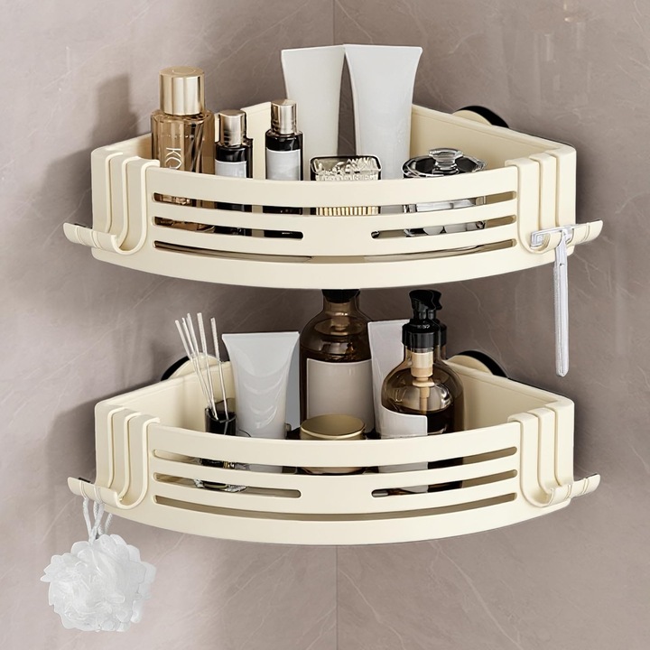 Set de 2 etajere colt pentru dus, fara gaurire, cu ventuze, culoare crem