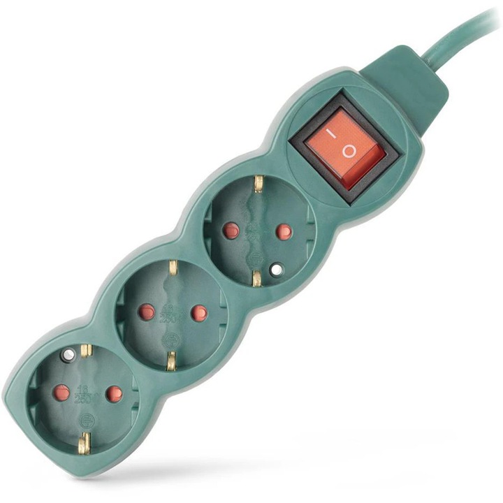 Разклонител ENTAC ESE1.5G3-3-SW-G, 3 контакта Shucko, 3м, прекъсвач, зелен