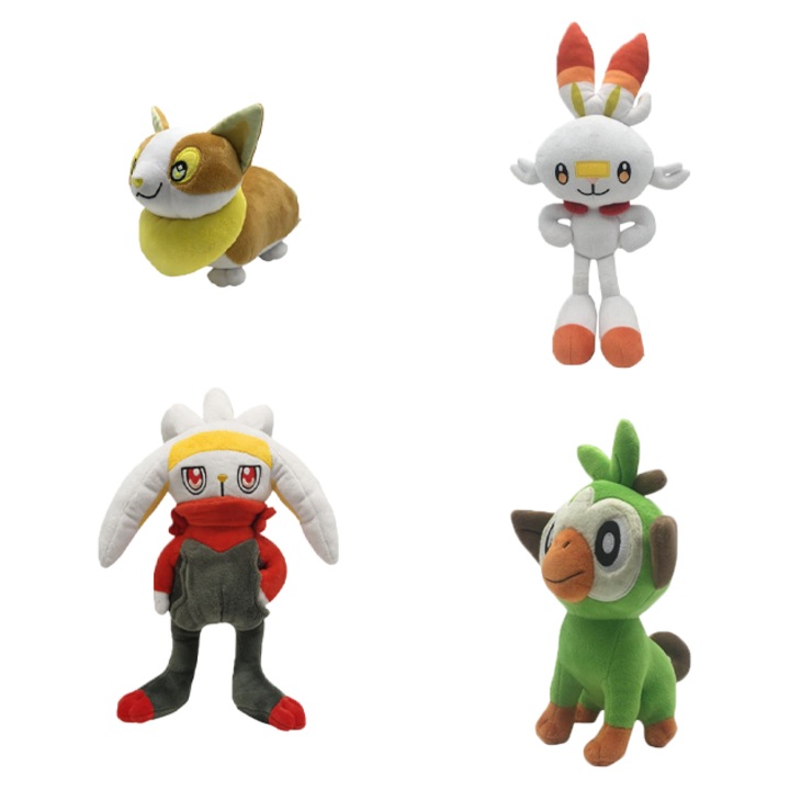 Set jucarii de plus Pokemon - Scorbunny (38 cm), Grookey (23 cm), Yamper - 4 piese