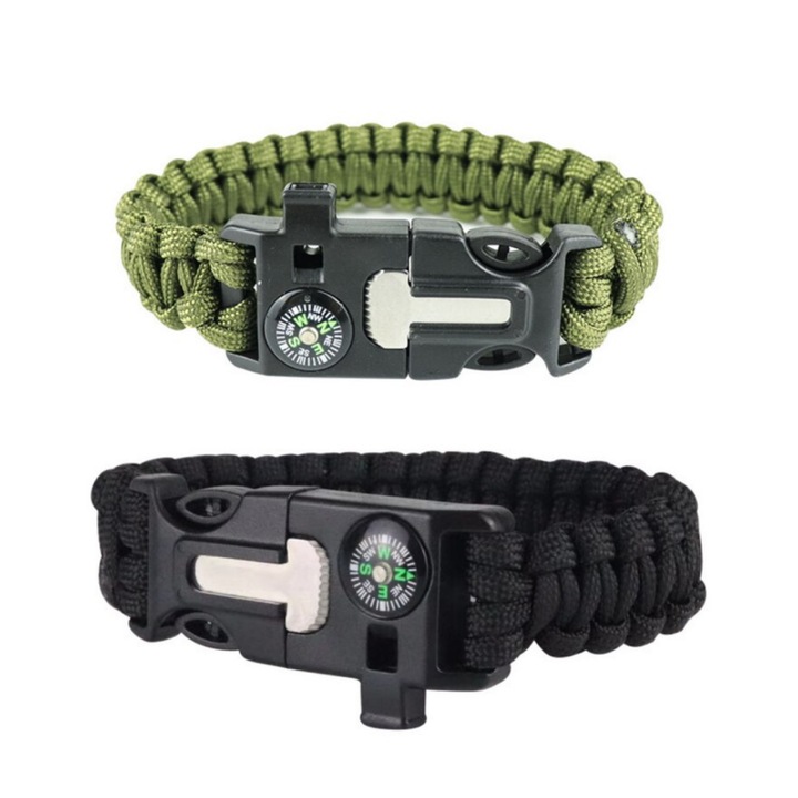 Bratara de supravietuire 5 in 1 cu cutit, fluier, busola, brichete si snur, set 2 bucati negru si verde pentru camping si drumetii