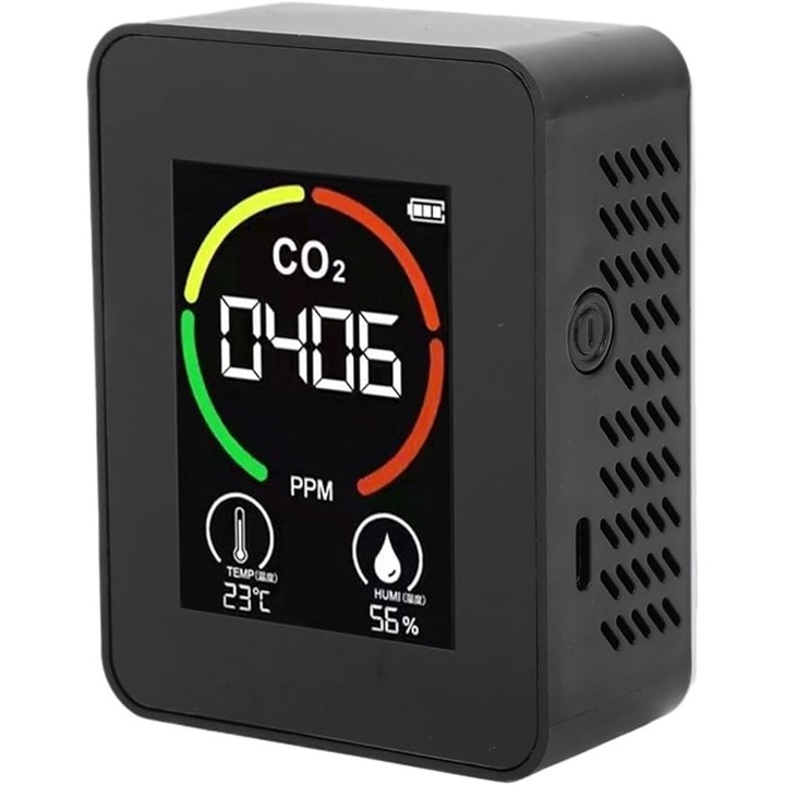 Detector de calitate a aerului, alimentat cu baterii, negru