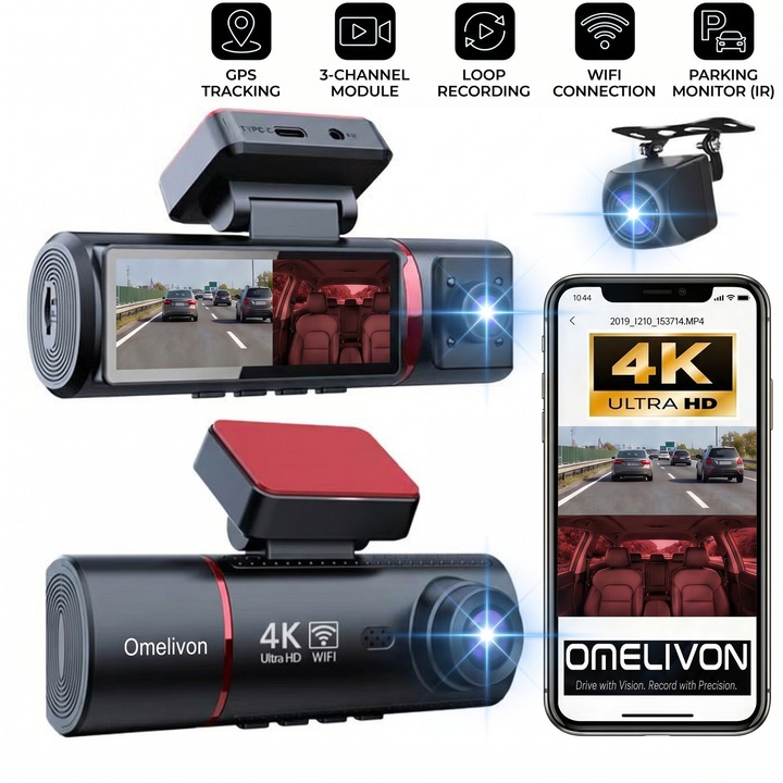 Camera Auto DVR video/dash cam Omelivon® 4K+1080p, WiFi, GPS, Camera marsarier inclusa, Vedere nocturna, Ecran IPS 3.16", Unghi 170°, G-Senzor, Inregistrare in bucla, Monitorizare parcare, Instructiuni vocale, Ultracompacta, Set complet