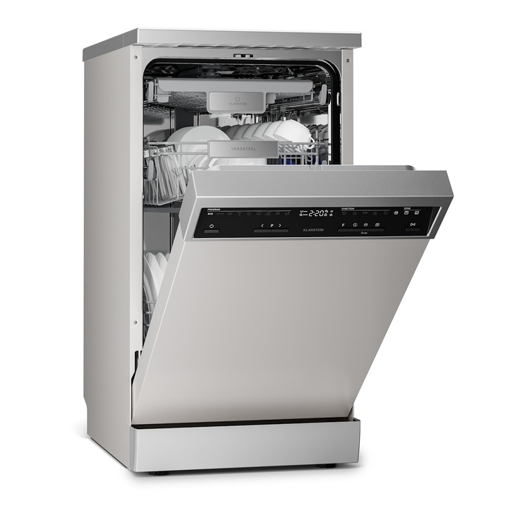 Masina de spalat vase de sine statatoare Klarstein VeroSteel, 10 seturi de vase, latime 45 cm, clasa energetica B, Aquastop, Argintiu