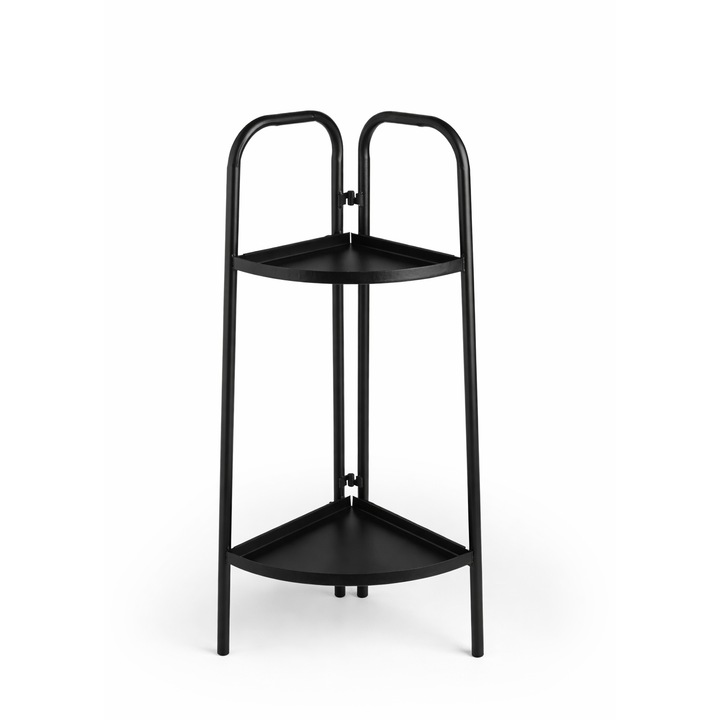 Suport Flori Colt Metal 2 Nivele Negru Raft Plante Ghivece Organizator Interior Balcon Terasa 66x27 cm Design Compact Vertical