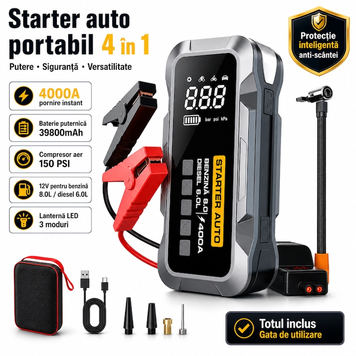 Starter Auto Portabil JUMPSTART, AjieQaQ®, 4 in 1, 4000A, 12V, Baterie 39800mAh Puternica, Compresor Aer si Power Bank, Ecran Digital, Lanterna LED 3 Moduri, Protectie Inteligenta Anti-Scantei, pentru Motor 8.0L Benzina / 6.0L Diesel, Negru