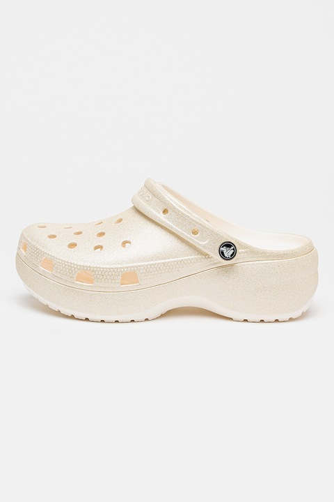 Crocs, Saboti slingback flatform cu aspect stralucitor Classic, Alb fildes/Argintiu, 39-40