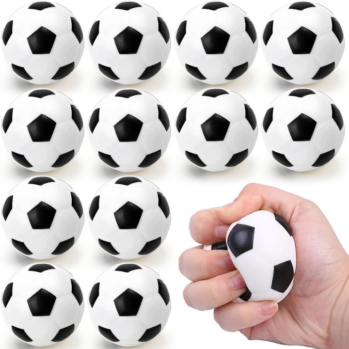 12 darabos squishy stresszoldó labda játék szett, AFKSMILE, Relaxációs játékok mini focilabdákkal, Valósághű design, Stressz vagy szorongás csökkentésére, Interaktív, Használható dekorációként, fürdő- és strandjátékként, PU, 6.3*6.3cm, Fehér/Fekete
