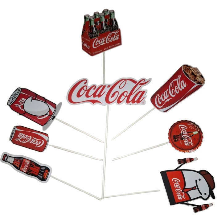 Декорация топер за торта от картон, тема любители на Coca Cola, годишнина - 8 броя