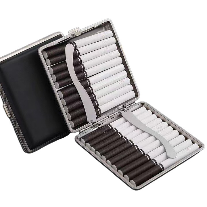 Cutie pentru tigari, 20 capacitate, metal si piele, neagra, set de 2 bucati