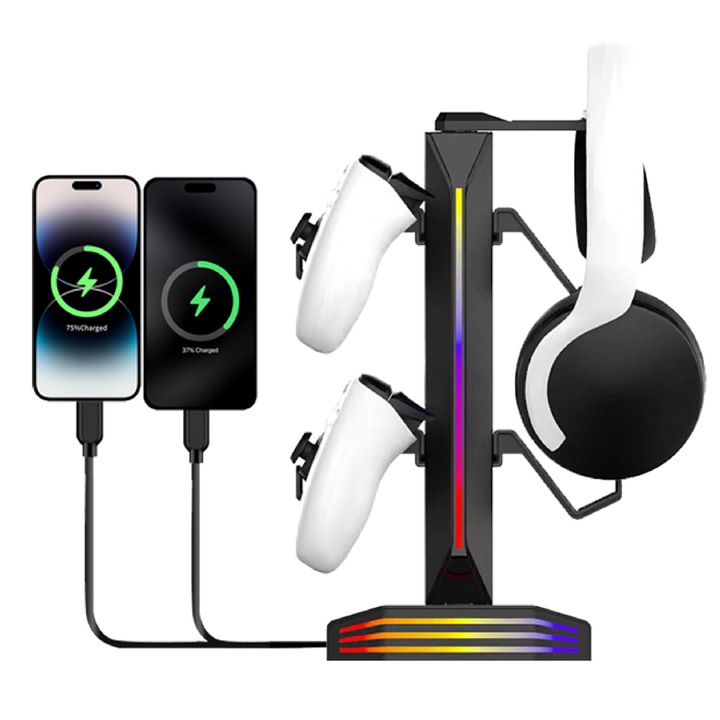 Fejhallgató és kontroller tartó, 4 használati mód, hordozható design, fekete