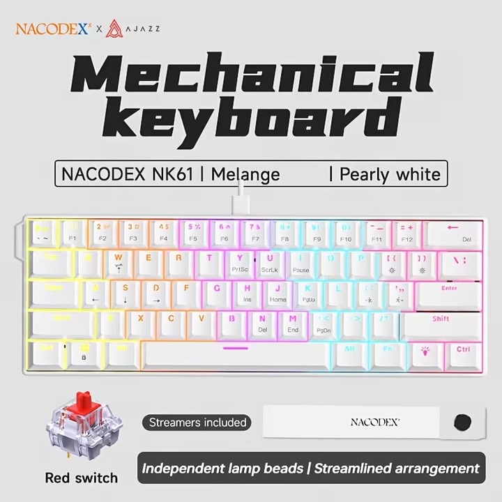 AJAZZ NK61 vezetékes billentyűzet, teljes RGB világítás + oldalsó hangulatfény, 61 billentyű, hot-swappable, piros kapcsoló, fehér