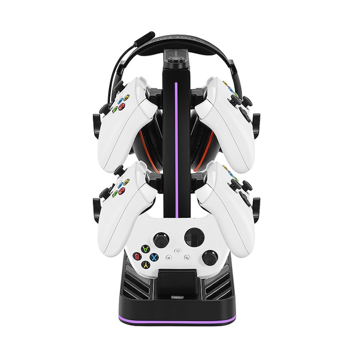 Suport de incarcare si stocare pentru controlere PS5/XBOX, 8 moduri de iluminare, 3 porturi USB, negru