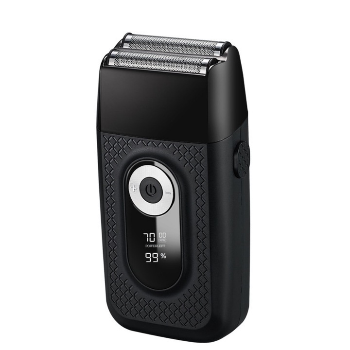 Aparat de ras cu doua capete, electric, afisaj LCD, reincarcabil, capete detasabile si lavabile, poate fi folosit si pentru tuns parul, negru