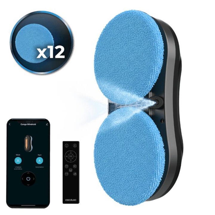 Robot curatare geamuri cu pulverizator Cecotec Windroid W10 DoubleSpray, 3 in 1, 4 moduri, Control telecomanda si aplicatie, 12 mopuri incluse