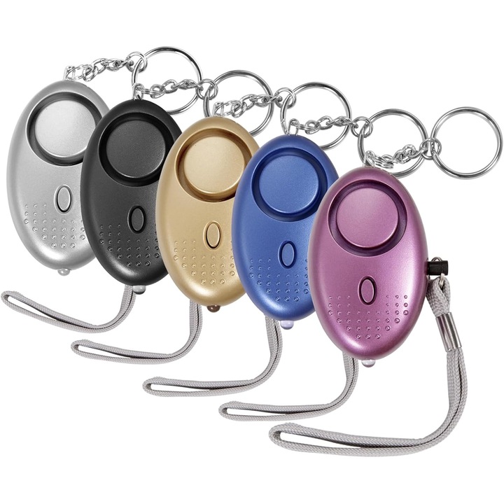 Set de 5 alarme personale, 140dB, cu LED, multicolor, pentru autoaparare, dimensiuni portabile