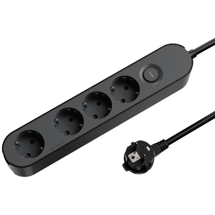 Prelungitor JACOBSEN, 4 prize Schuko, 1.5 m, 1.5 mm, cu intrerupator, negru