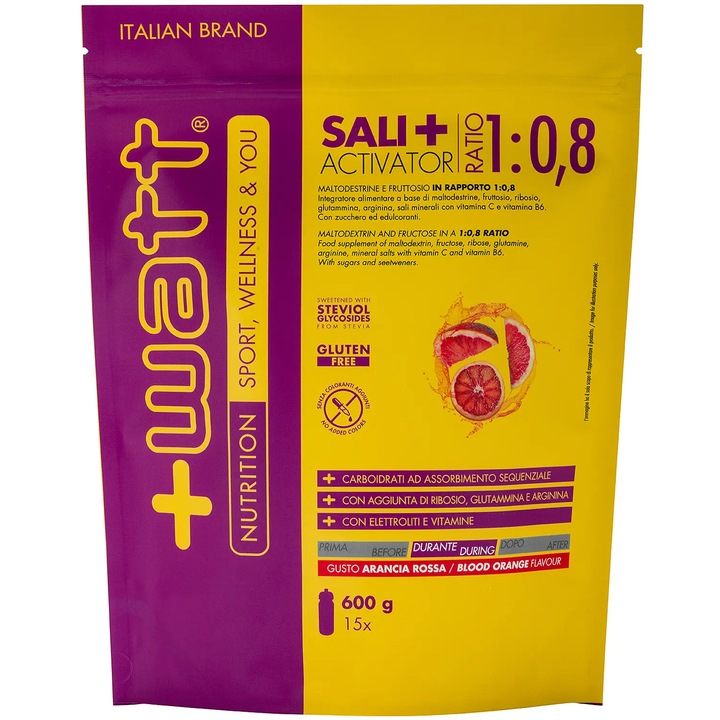 Sali+ Activator +Watt, supliment pentru refacerea electrolitilor si suport energetic secvential pentru performanta aeroba, doypack de 600 g, aroma de portocale rosii