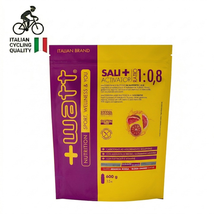 Sali+ Activator +Watt, supliment pentru refacerea electrolitilor si suport energetic secvential pentru performanta aeroba, doypack de 600 g, aroma de portocale rosii
