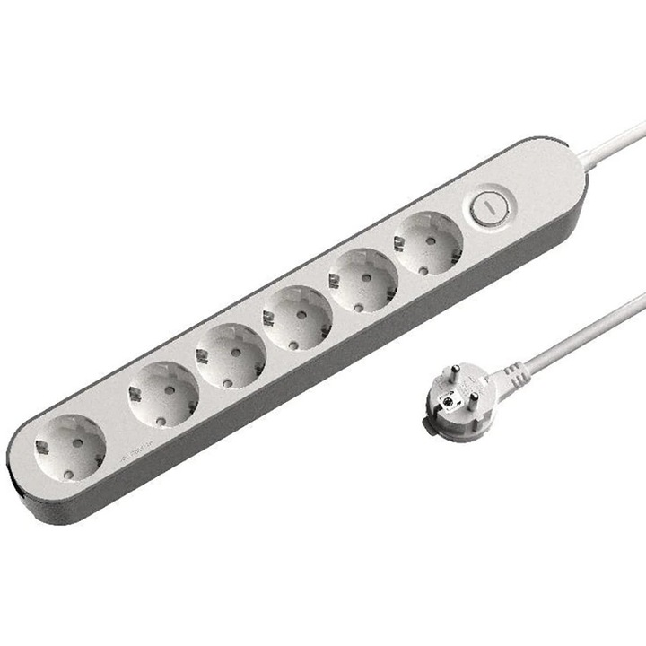 Prelungitor JACOBSEN, 6 prize Schuko, 5 m, cu intrerupator, alb/gri
