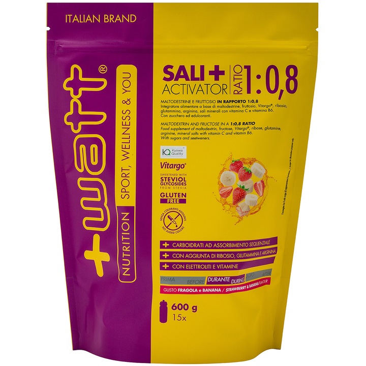 Sali+ Activator +Watt, supliment pentru refacerea electrolitilor si suport energetic secvential pentru performanta aeroba, doypack de 600 g, aroma de capsuni si banane