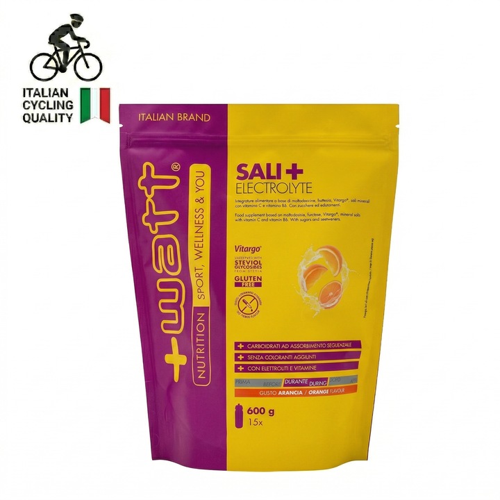 Sali+ Electrolyte +Watt, solutie hipotonica de carbohidrati si electroliti pentru suport energetic si hidratare, doypack de 600 g, aroma de portocale