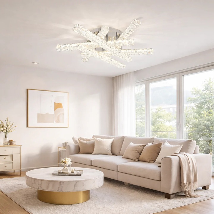 Lustra LED RFAN, Model R9183/6, Cu Telecomanda, 3 Tipuri De Lumina, Intensitate Reglabila, 108W, Argintiu