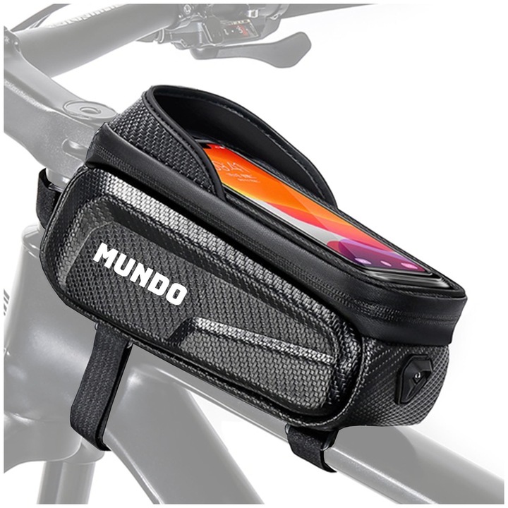 Geanta de bicicleta pentru cadru MUNDO One, impermeabila, pentru telefoane de 4,7"–6,8", 21x12x13 cm, Neagra