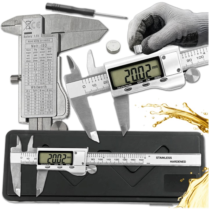 Digitális Tolómérő 150 mm, Elektronikus Mérőeszköz, Rozsdamentes Acél, Külső és Belső Átmérők, Mélység Mérése, Műhelyekhez, Otthoni Használatra és DIY Projektekhez - KRUMAD