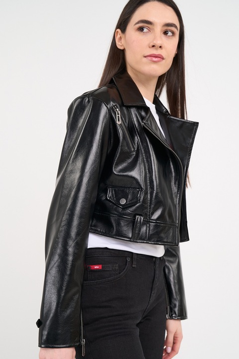 Lee Cooper, Jacheta biker crop cu revere decupate, Negru