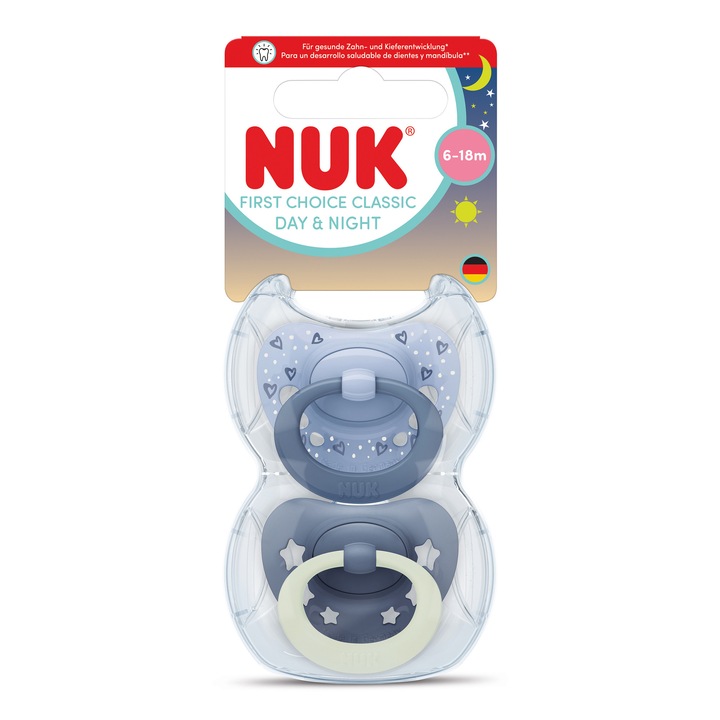 Комплект 2 залъгалки Nuk, Day&Night First Choice Classic, Син, 6-18 месеца