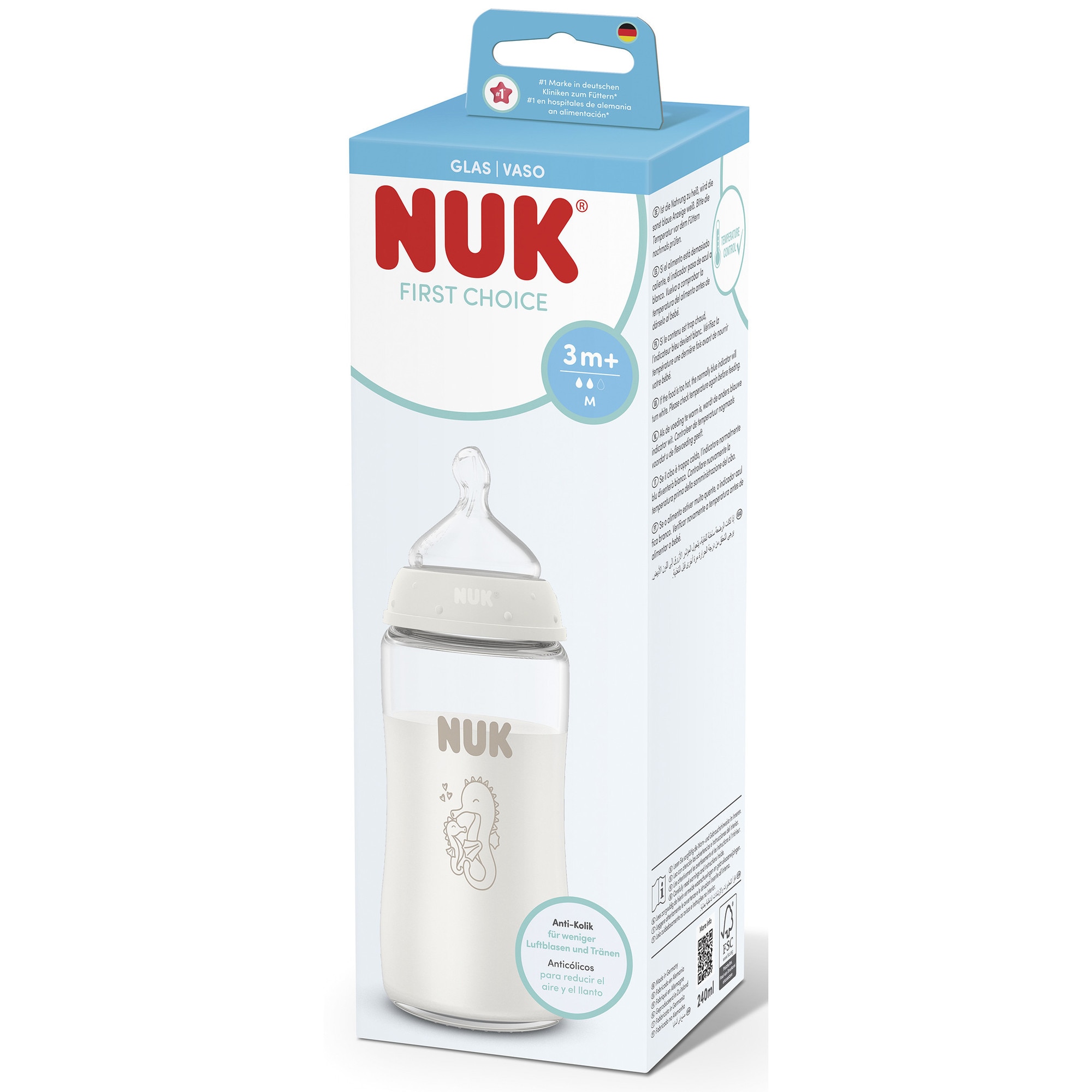 Biberon din sticla, Nuk, First Choice, flux M, 240 ml, 3 luni