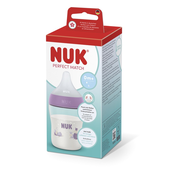 Biberon cu tetina din silicon, Nuk, Perfect Match, Roz, flux S, 150 ml, de la nastere