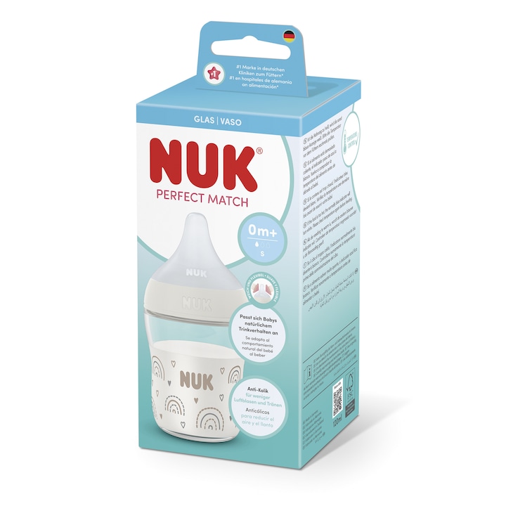 Стъклено шише Nuk, Perfect Match, Поток S, 120 мл, От раждането