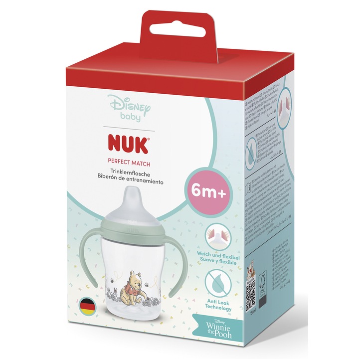 Biberon cu toarte si tetina de invatare, Nuk, Perfect Match, model Winnie, 150 ml, 6 luni