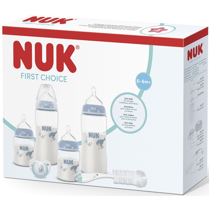 Set Biberoane Nuk, First Choice, Perfect Start, model Balena, 8 piese