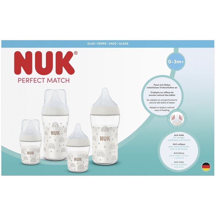 Set 4 biberoane din sticla, Nuk, Perfect Match