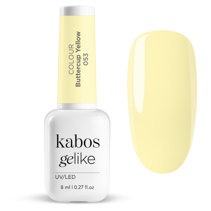 Oja Semipermanenta Kabos Gelike 053 Buttercup Yellow, 8ml, Galben Intens, Rezistenta 21 Zile, Acoperire Perfecta, Pensula de Precizie