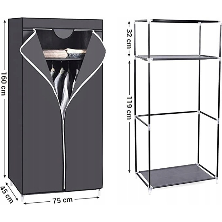 Sifonier pliabil, 75x45x160cm, gri, depozitare pentru haine, pantofi, jucarii