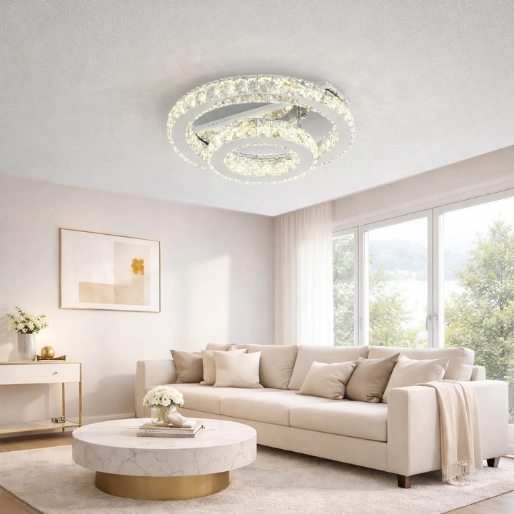 Lustra LED RFAN, Model R9182/1+1, Cu Telecomanda, 3 Tipuri De Lumina, Intensitate Reglabila, 72W, Argintiu